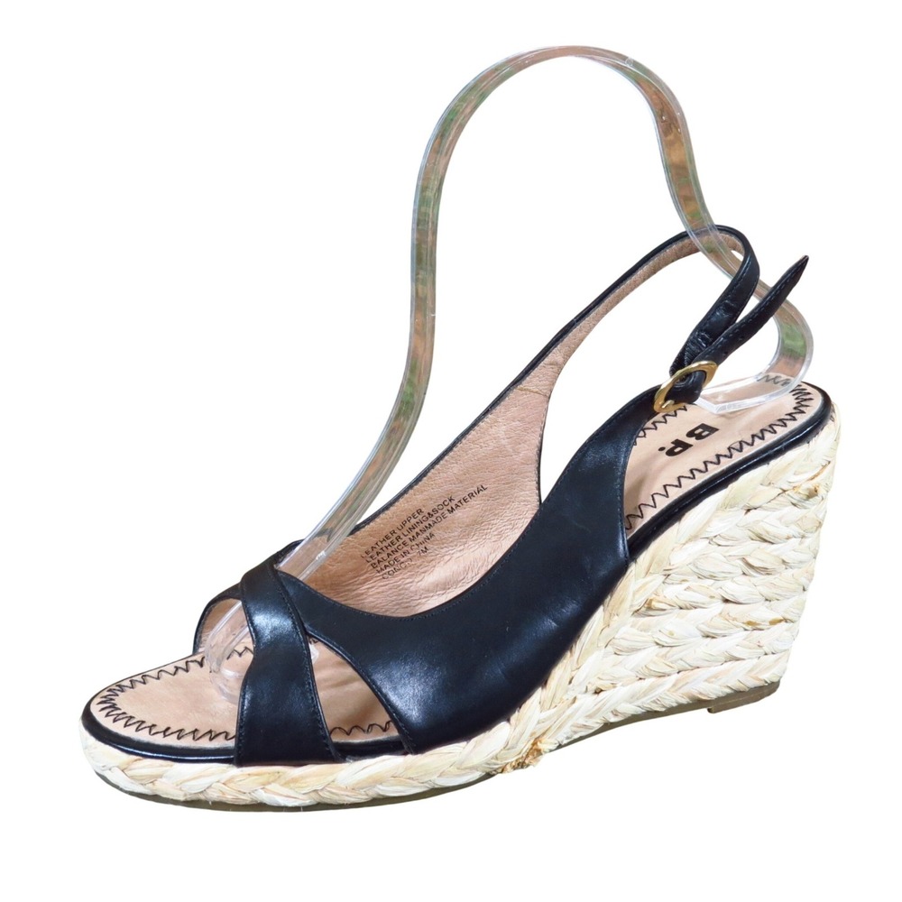 BP. Congo Women Wedge Sandal Size‎ 7 Casual Summer Black Leather Raffia
